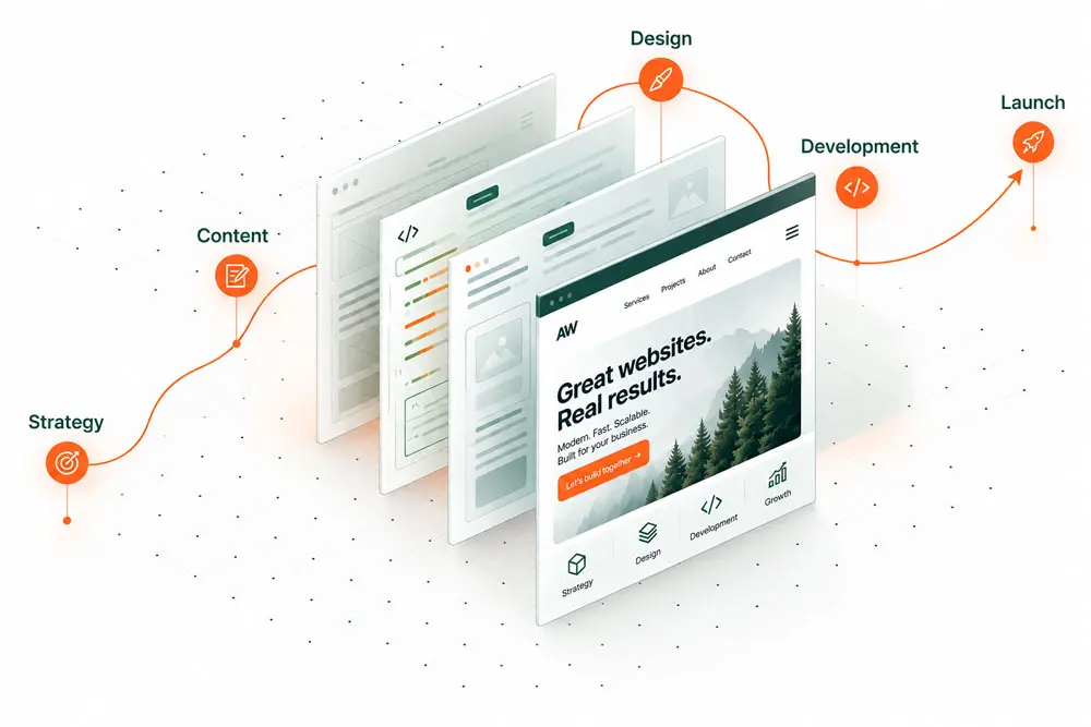 Website creation process: strategy, content, design, development and launch